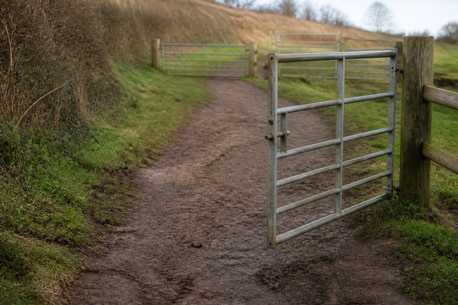 Three field gates in a line along a track, the nearest open and the others shut