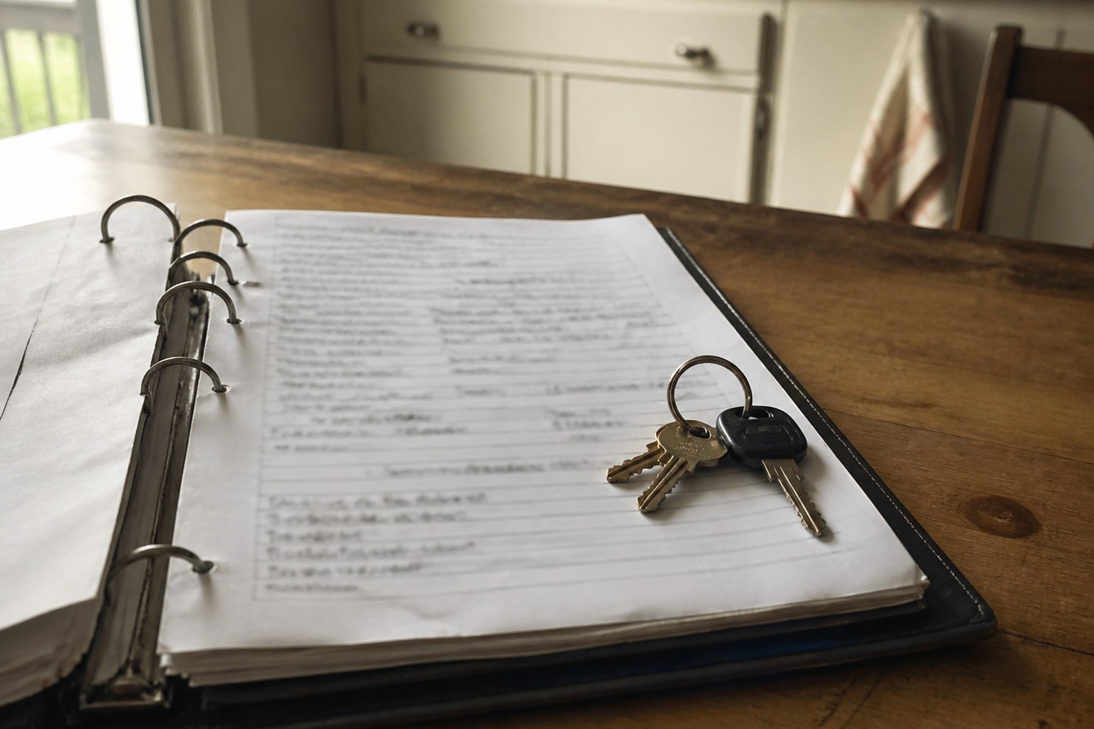 A ring binder open at a page of typed notes with keys resting on it