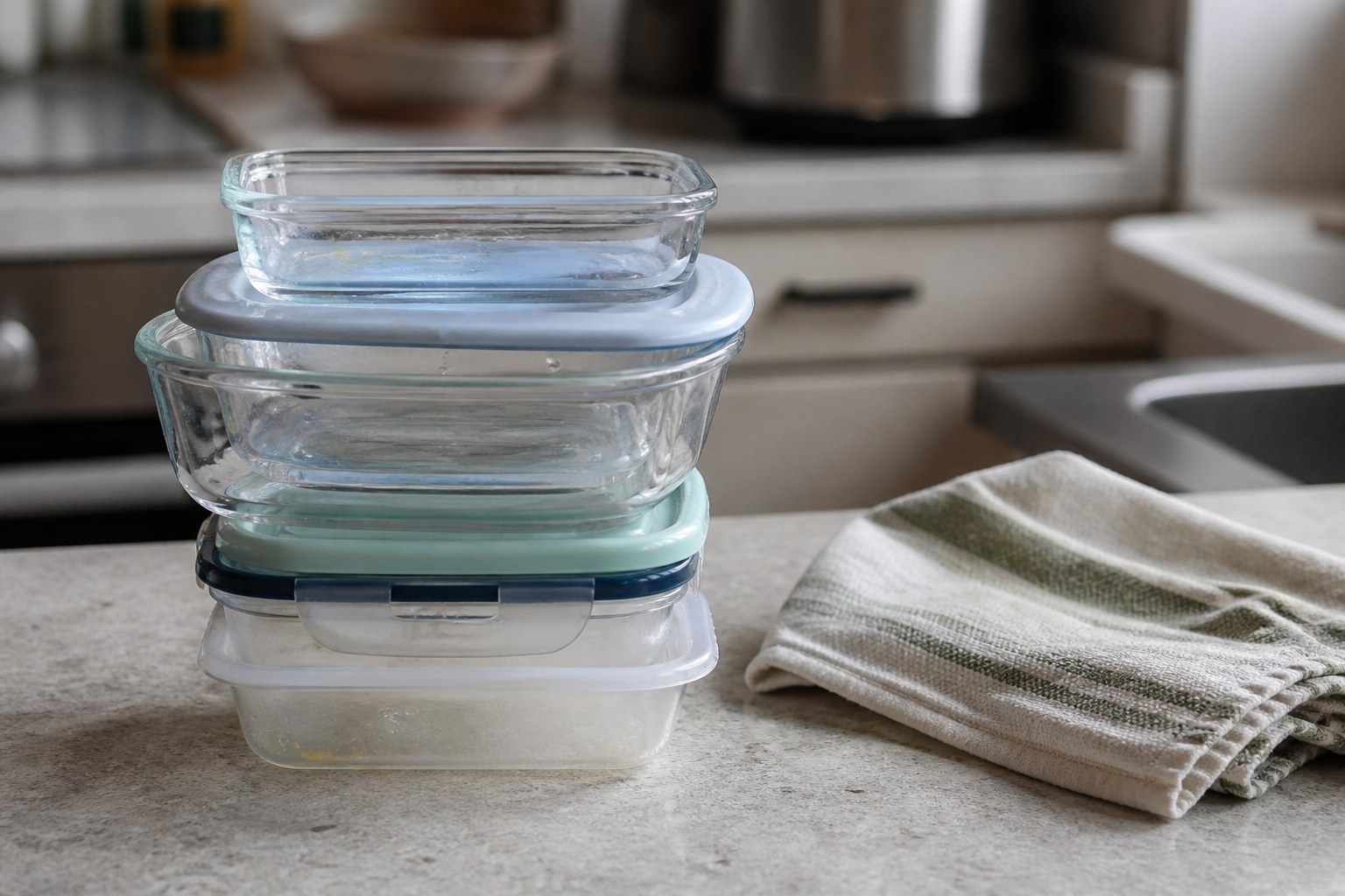 A stack of washed food containers on a kitchen counter beside a folded tea towel