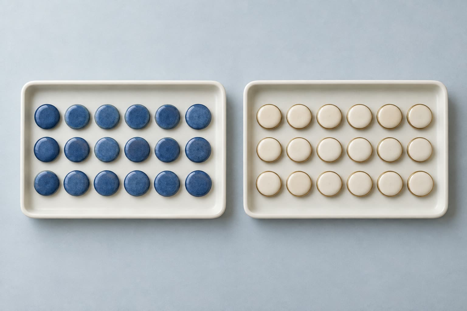 Two matching trays each hold eighteen countable ceramic tokens