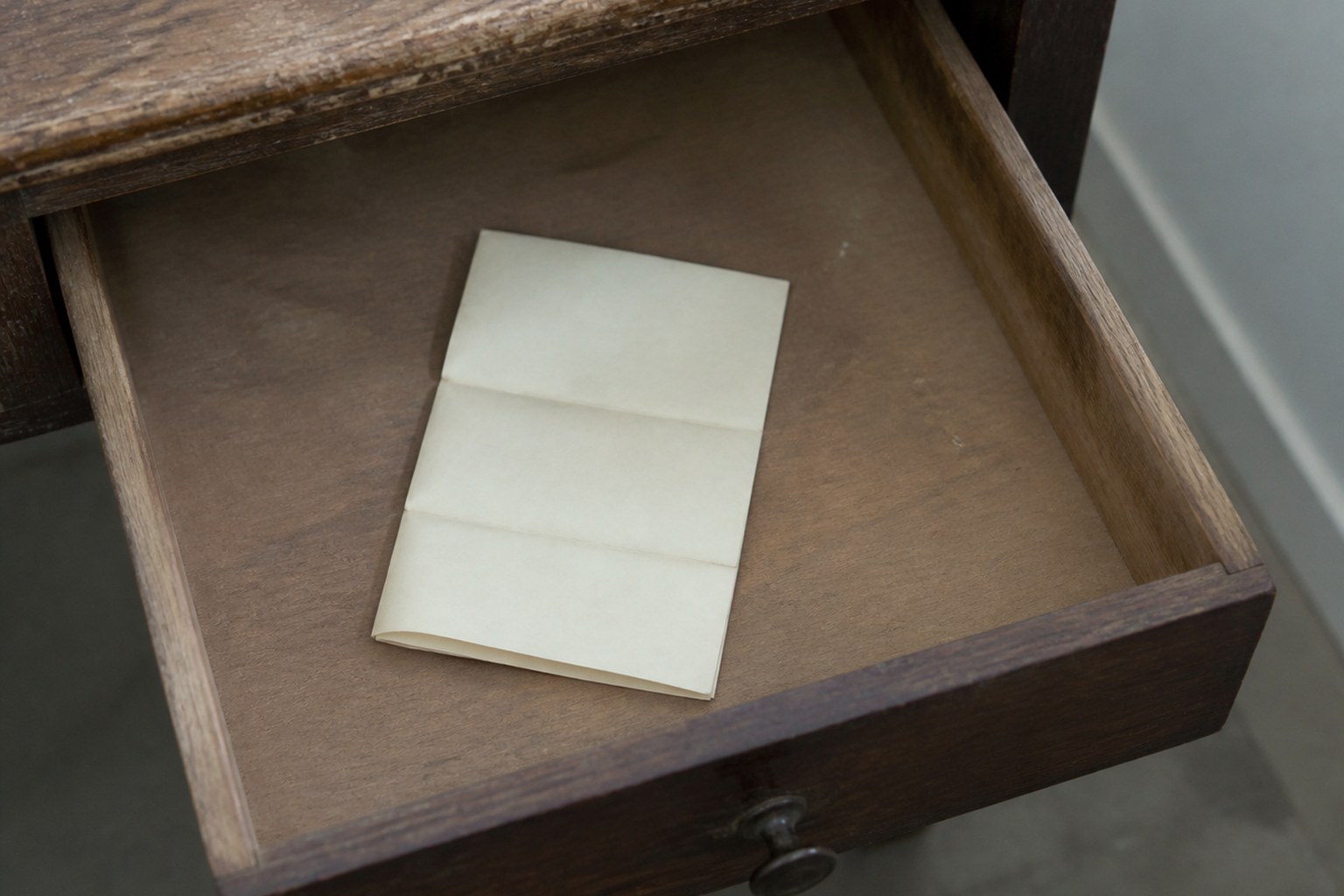 A single folded page lying alone in an open desk drawer