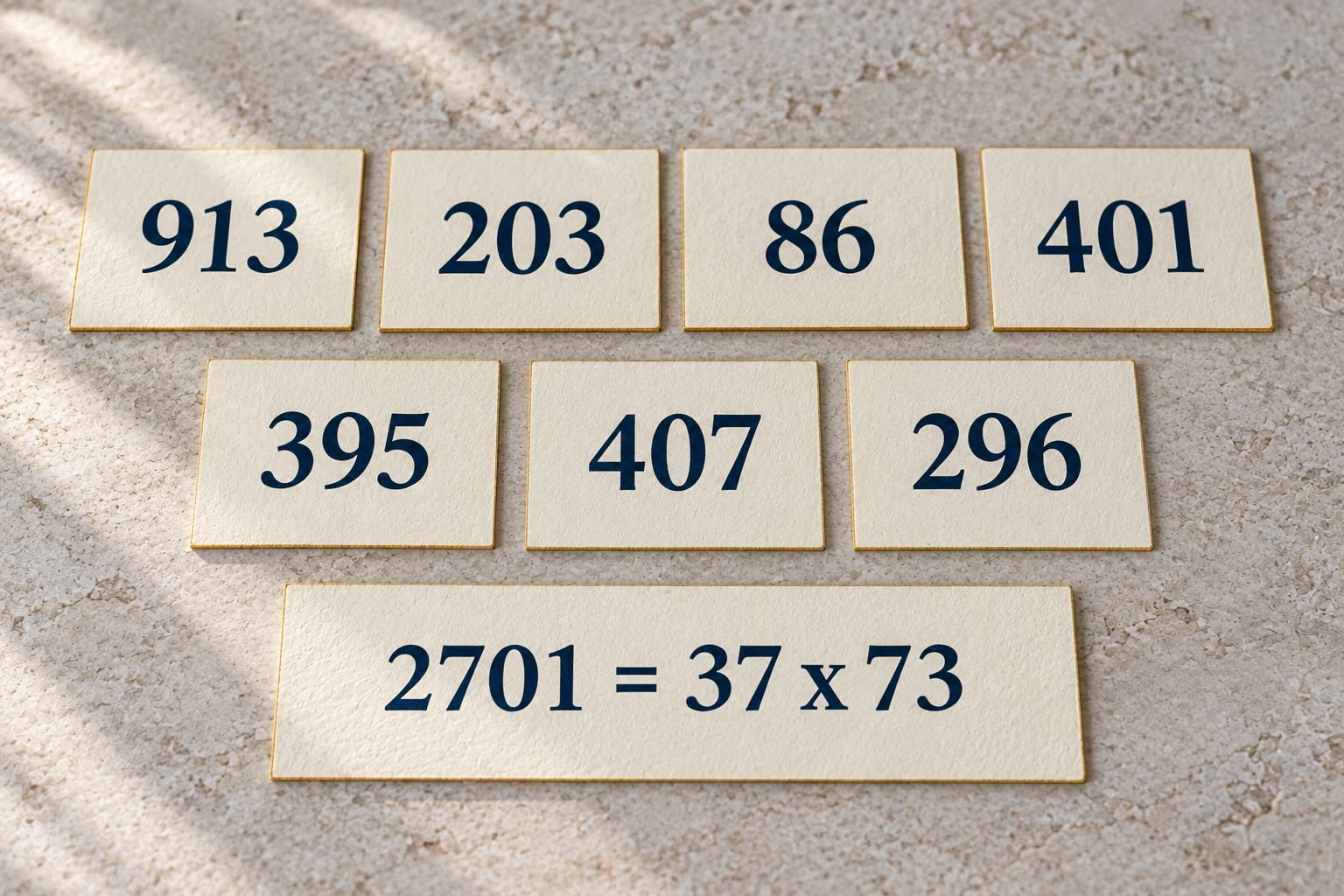 Seven numbered paper cards showing 913, 203, 86, 401, 395, 407 and 296 beside a total of 2701