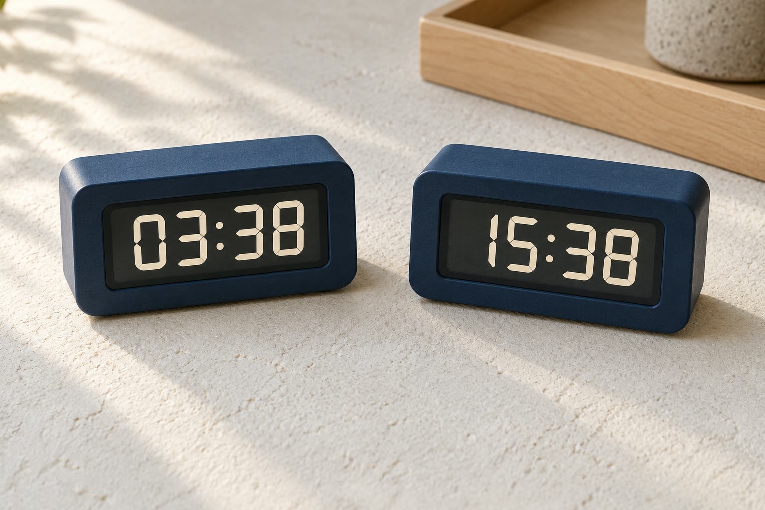 Two digital clocks displaying 03:38 and 15:38 on an ivory surface