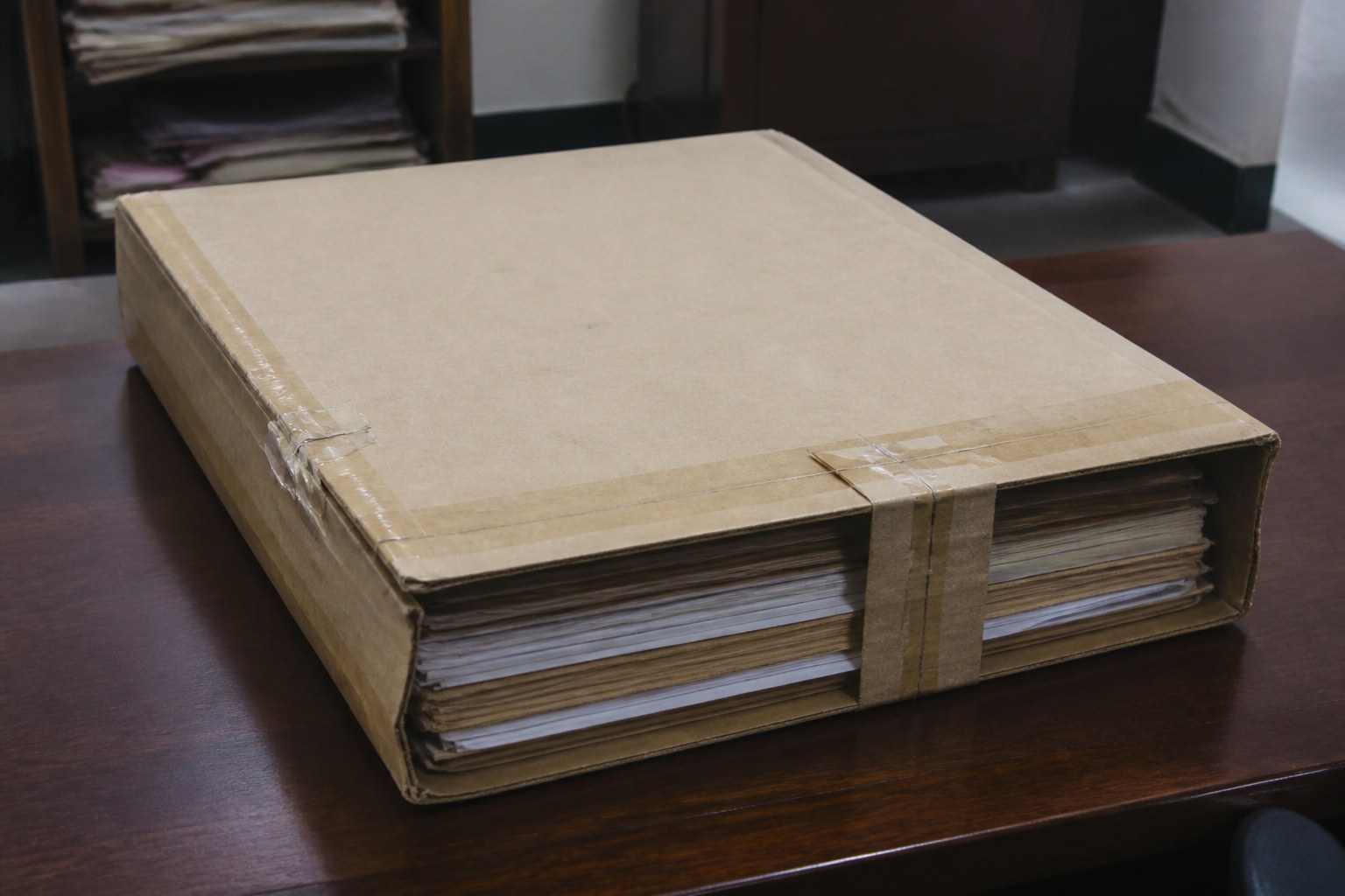A cardboard document file tied shut with tape on a clear desk
