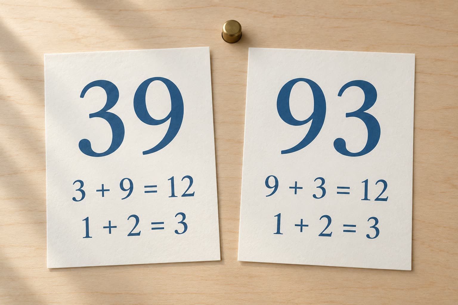 Printed 39 and 93 comparison cards, each reducing through 12 to 3