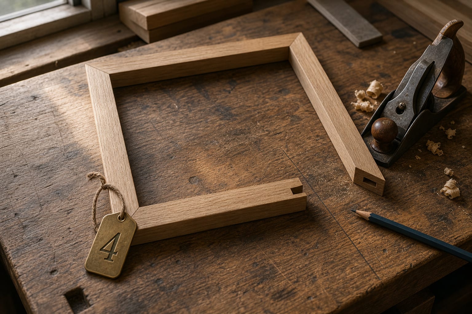 Wooden square frame on a workshop bench with a brass tag marked 4