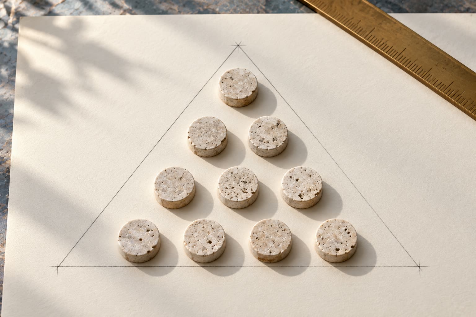 Ten stone counters arranged in four triangular rows of one, two, three and four