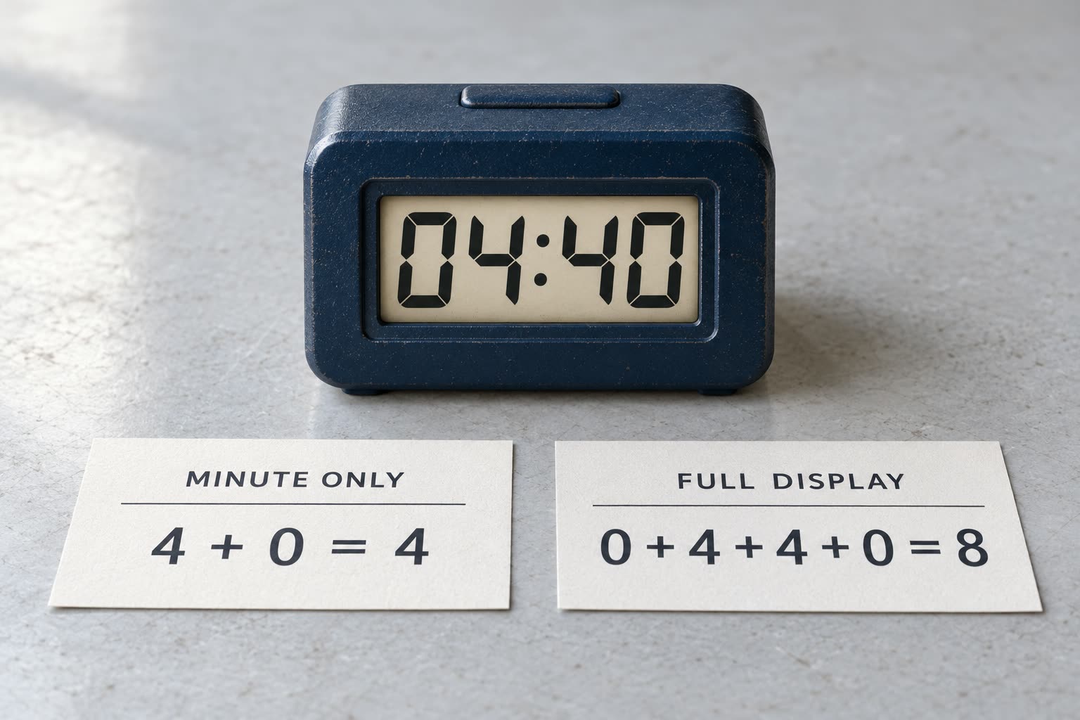 Digital clock reading 04:40 with separate minute-only and full-display digit sums