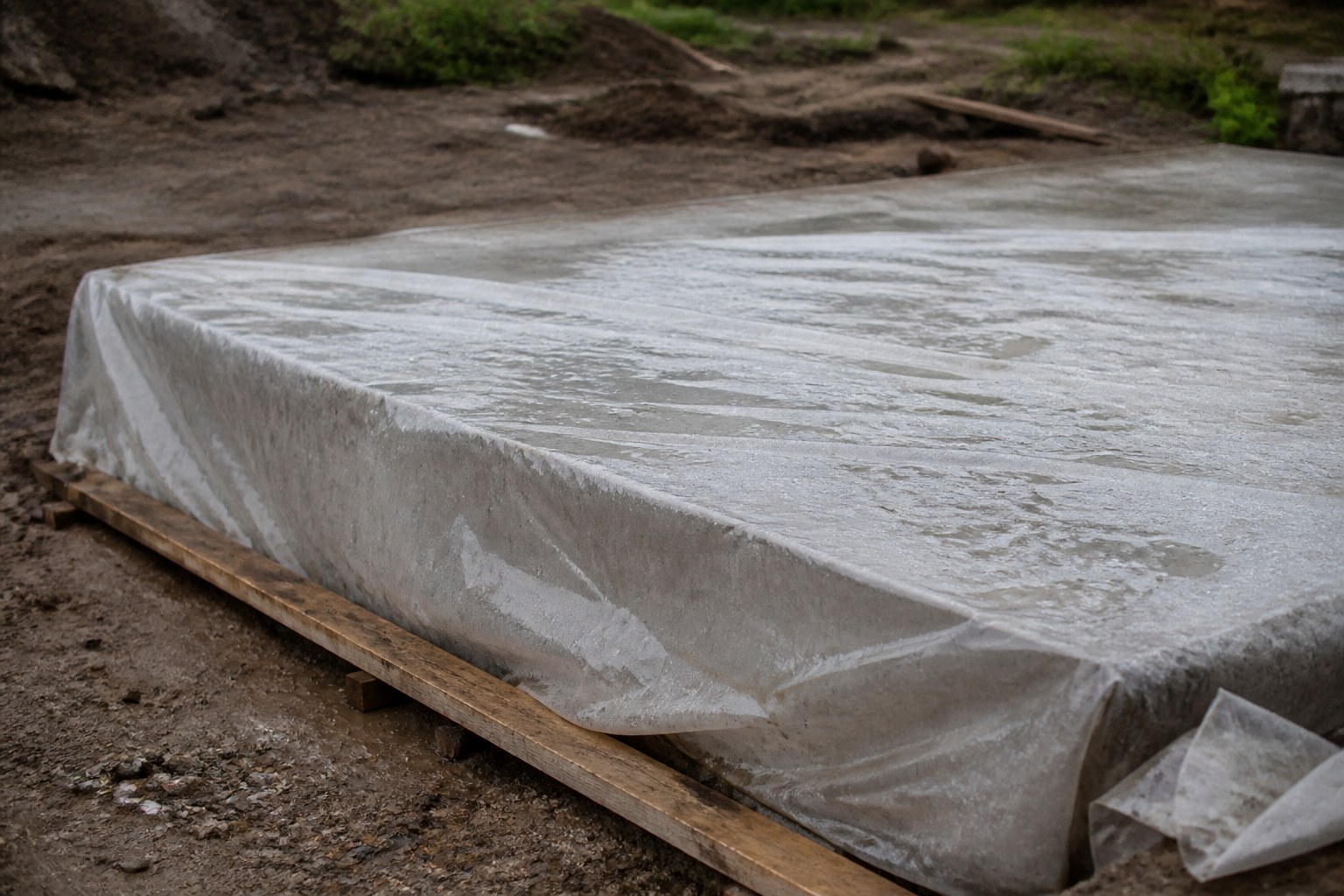 A concrete slab curing under a sheet of plastic, water beaded on the cover