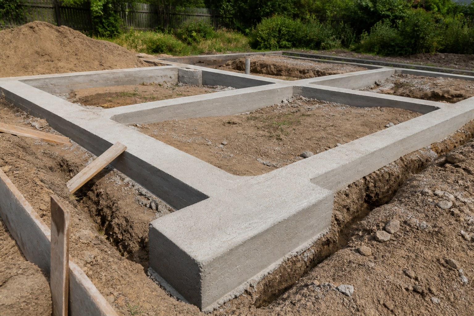 Concrete strip footings poured and set in a trench, no walls started