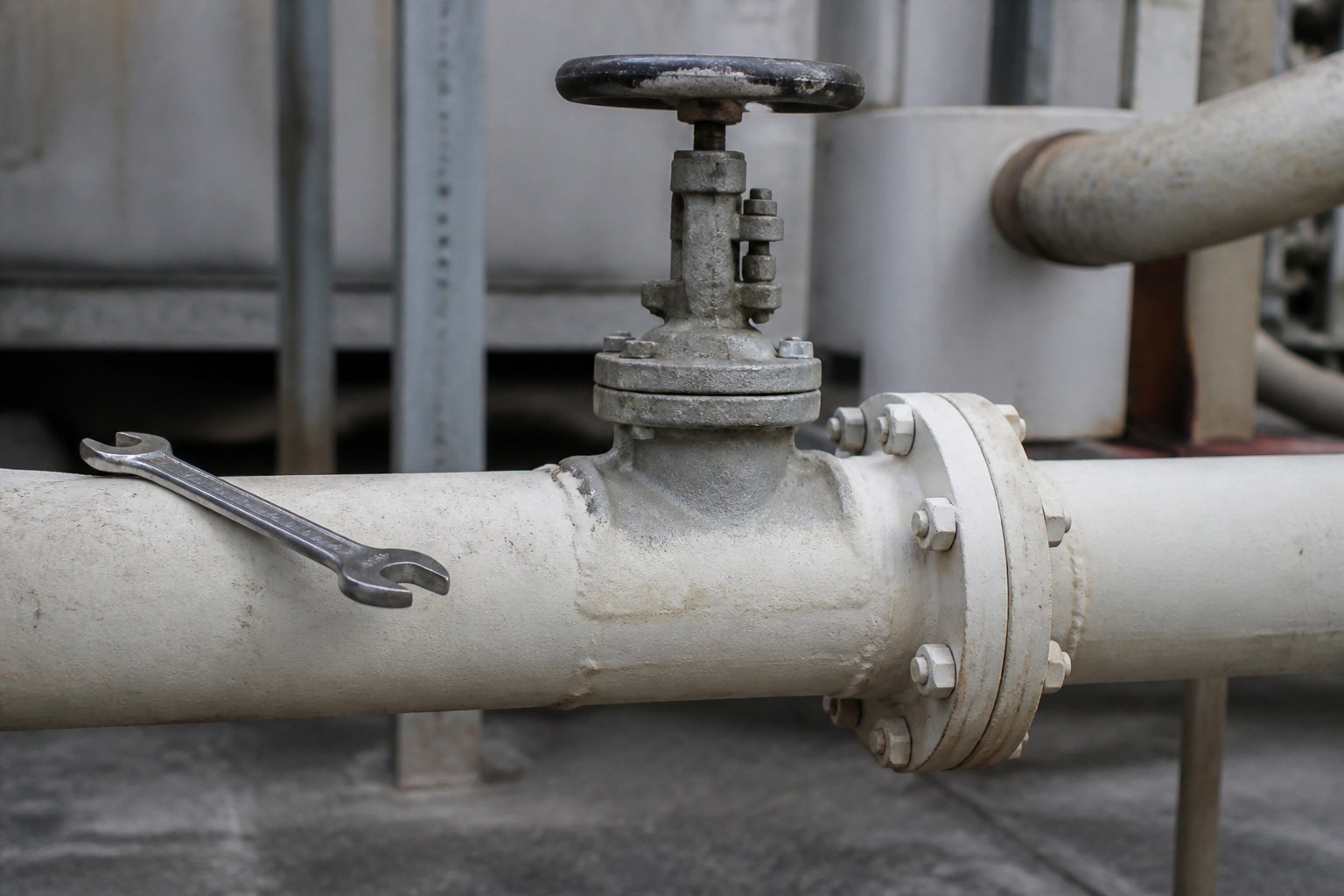 A pipe run with a single isolation valve fitted and a spanner resting beside it