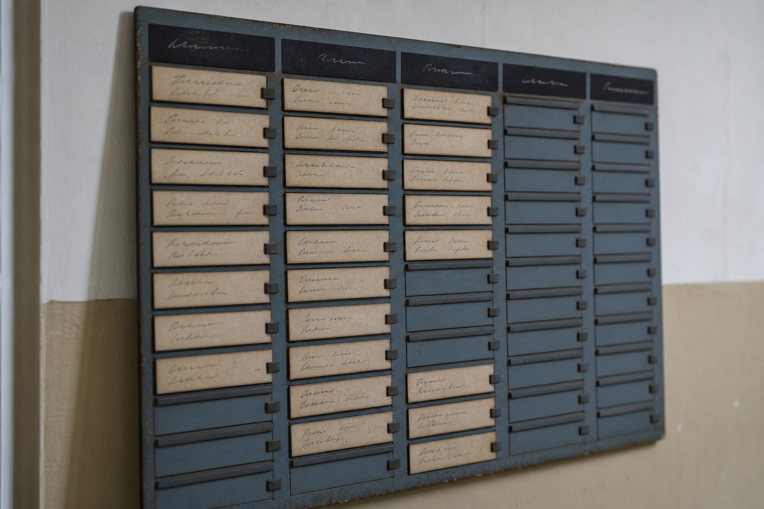 A wall duty board with slots for names and tasks, some filled and some empty