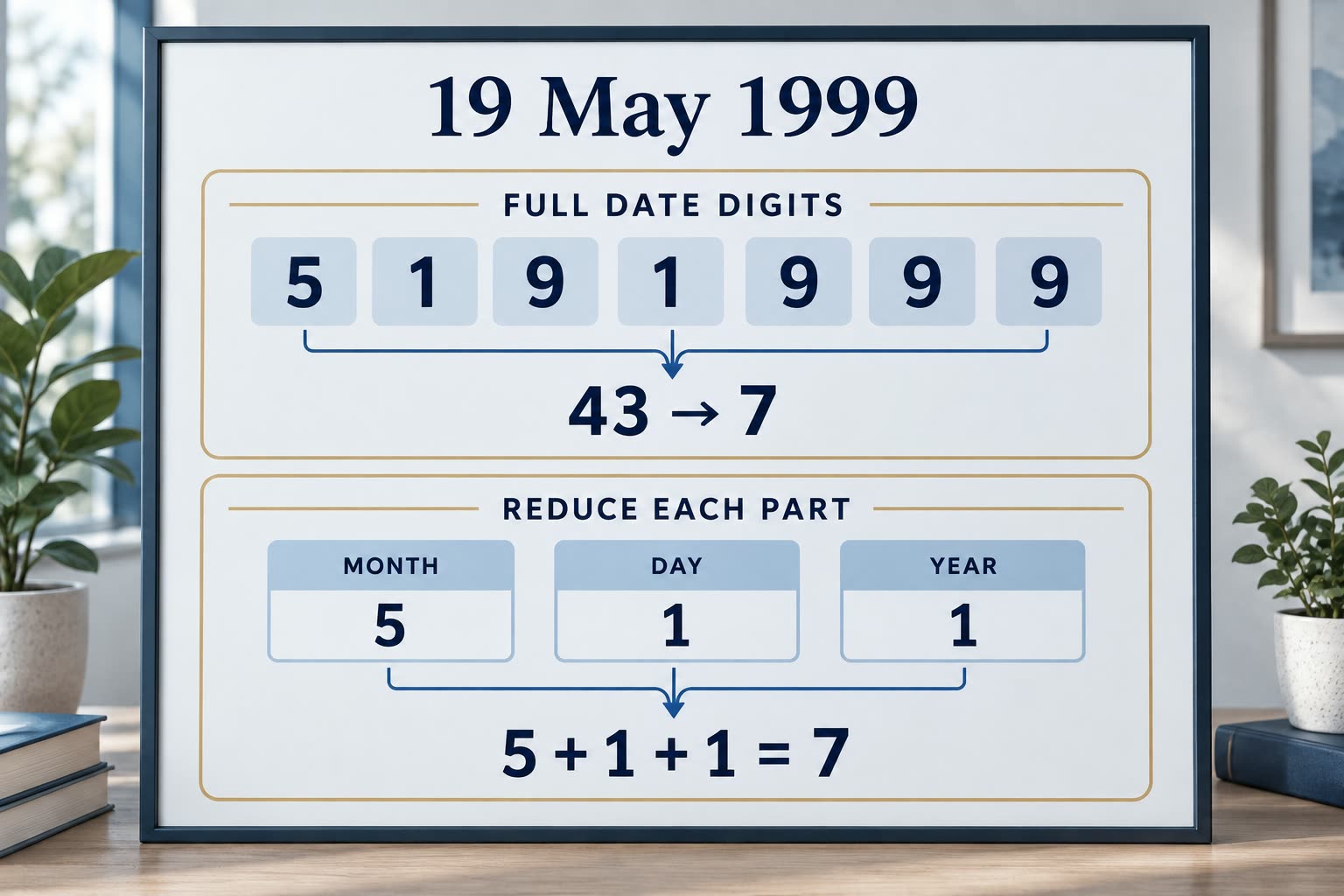 A modern teaching board for 19 May 1999 showing seven full-date digits totaling 43 then 7, and separate month, day and year values of 5, 1 and 1 totaling 7