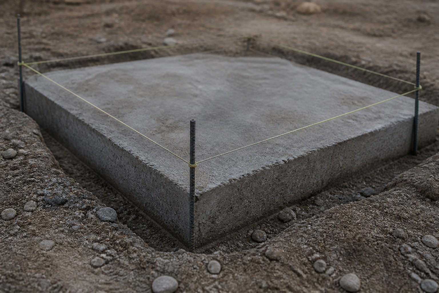 The squared corners of a stone foundation slab under a taut builder's line