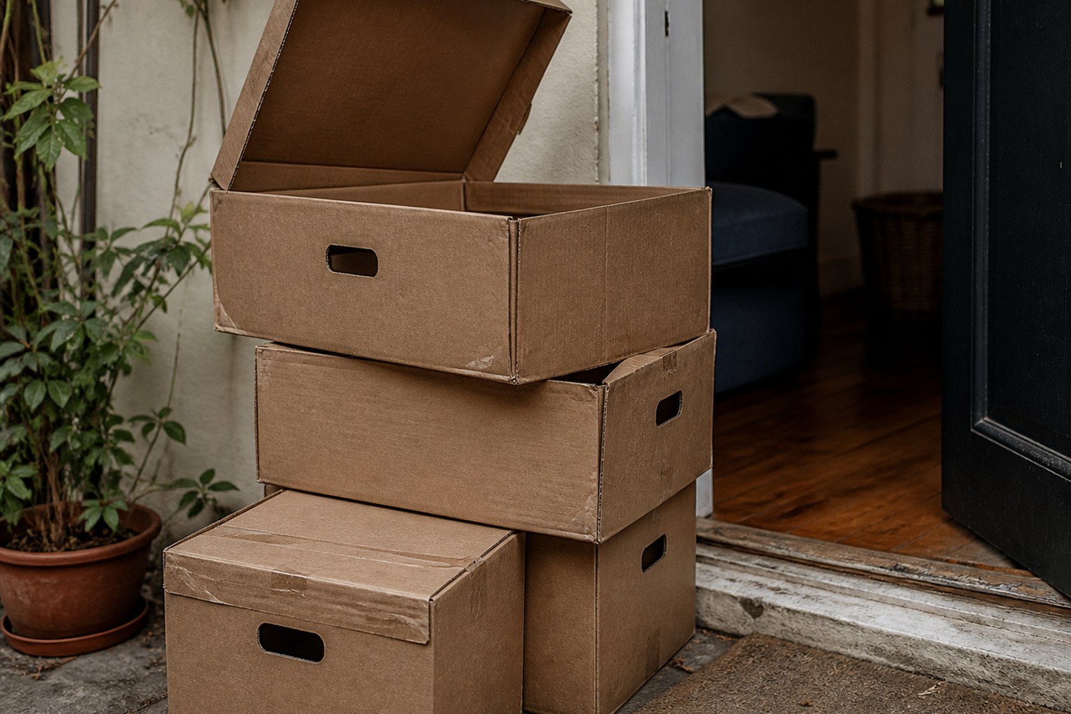 A stack of labelled removal crates by a doorway with one lid standing open