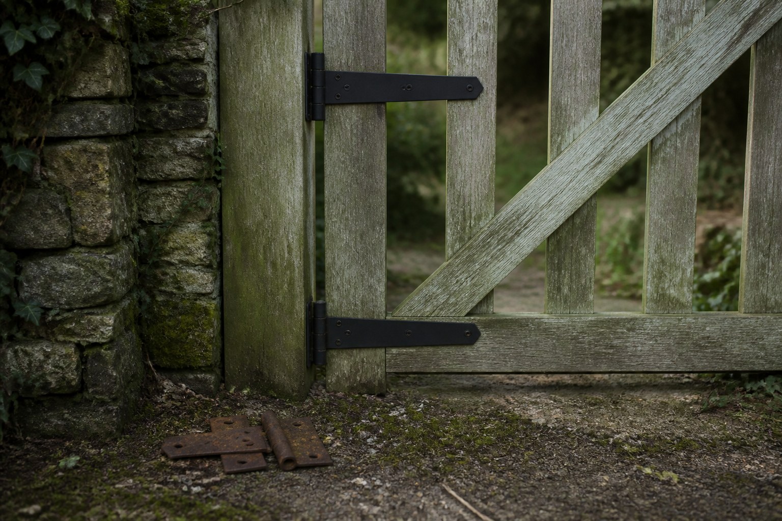 A garden gate rehung on new hinges with the old rusted pair lying on the ground
