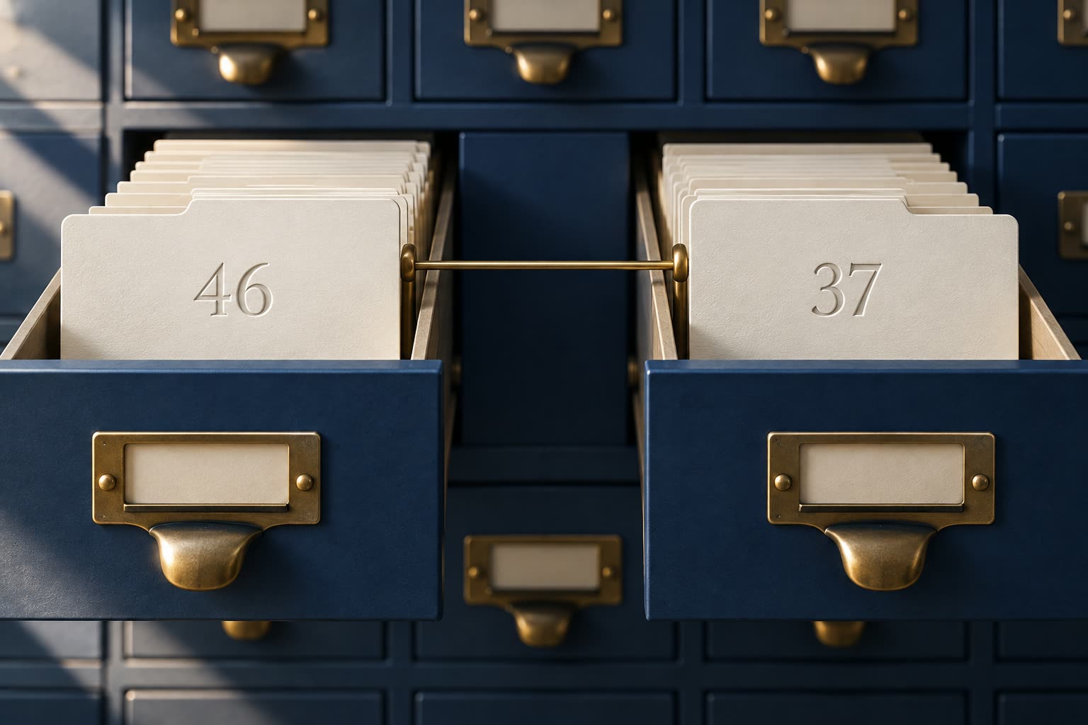 Modern museum index cards marked 46 and 37 are connected across two navy catalog drawers