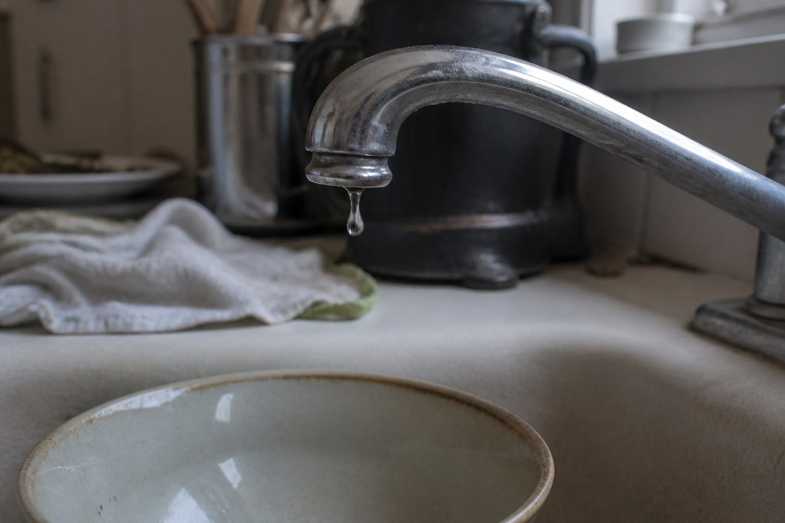 A kitchen tap with a bead of water at the spout and a bowl set beneath it