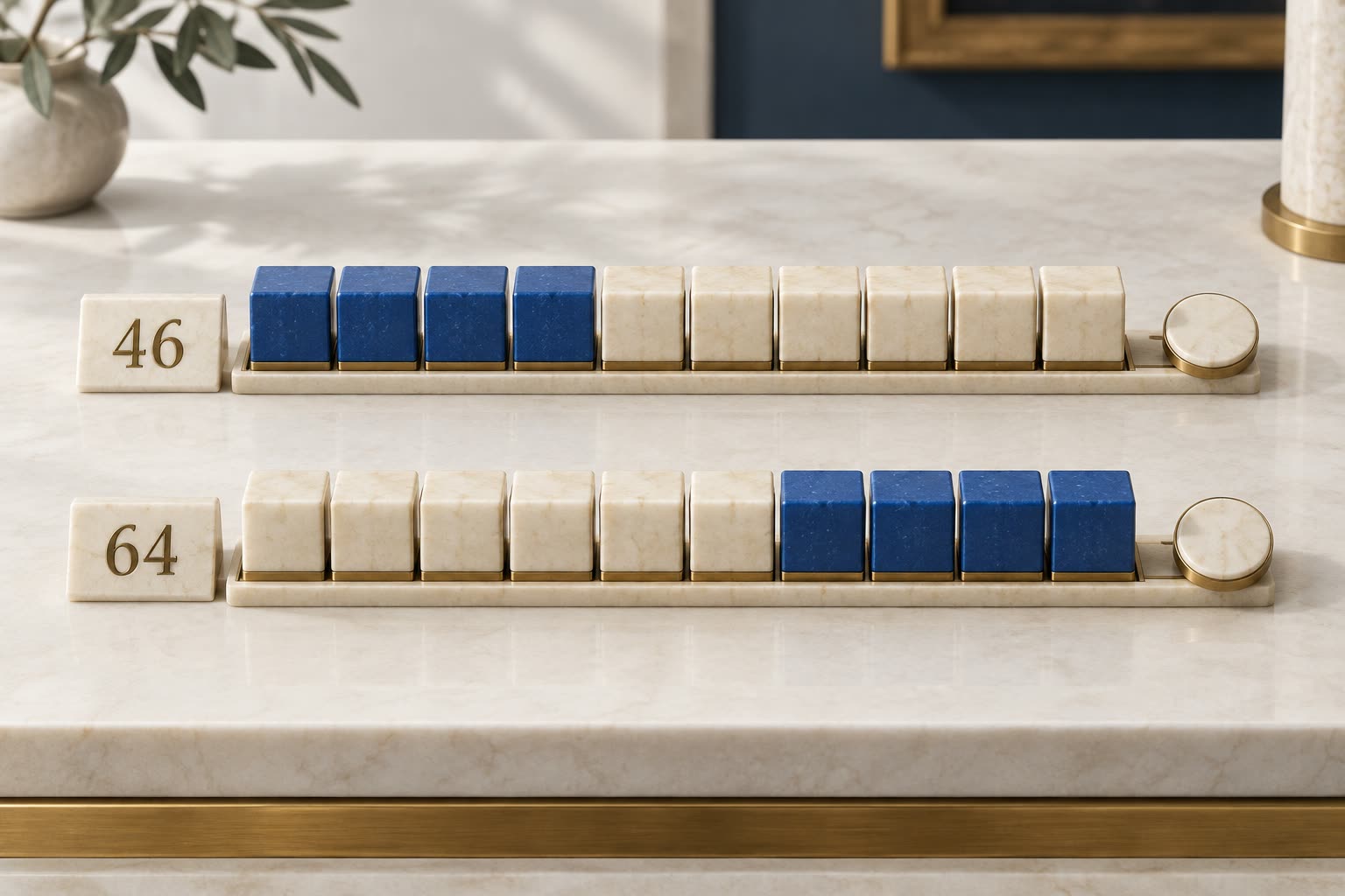 Parallel tracks marked 46 and 64 contain four blue and six ivory blocks in opposite orders