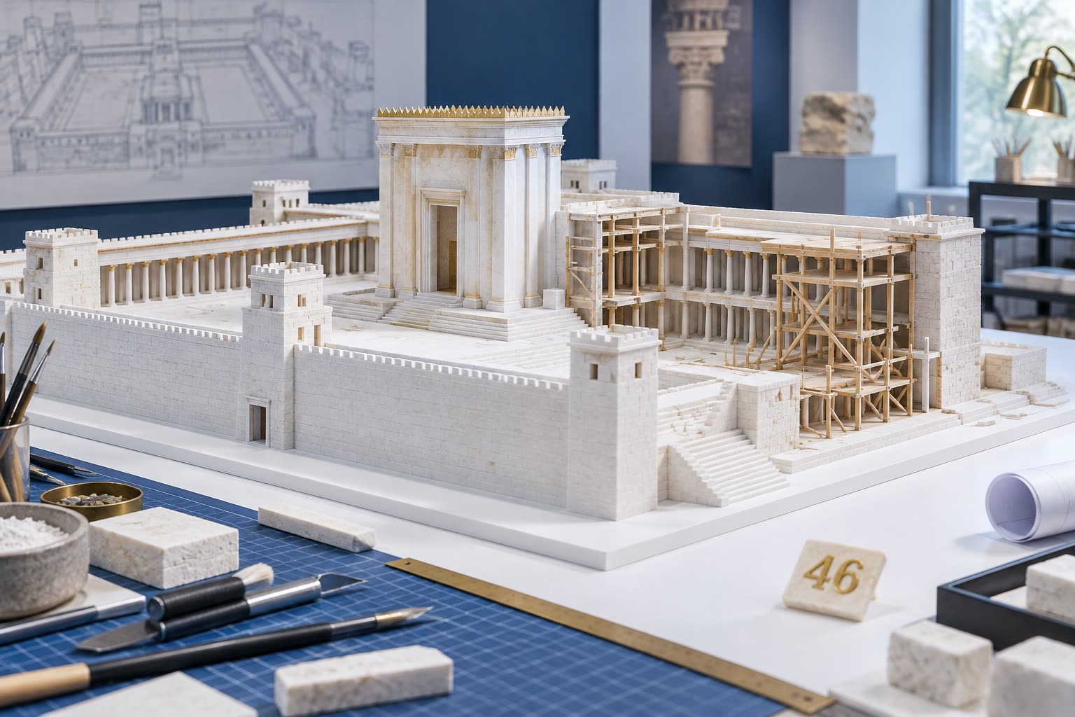 A clearly modern architectural study model of a temple complex has an unfinished section and a separate 46 tile