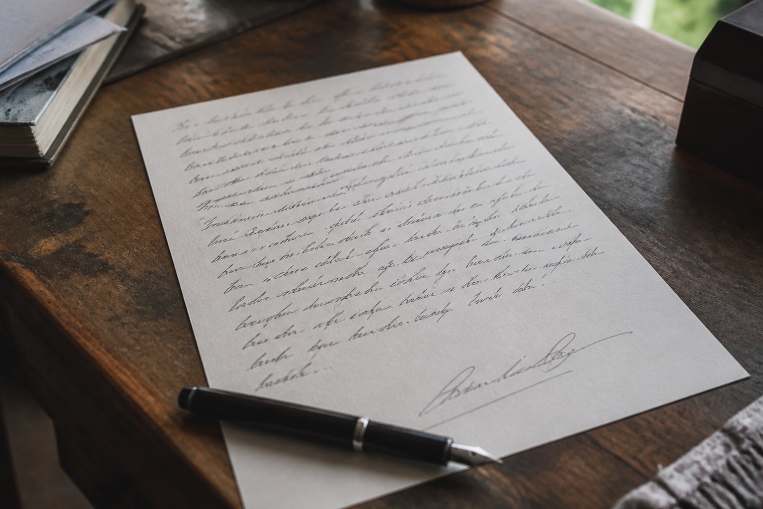 A sheet with a signature line at the foot and a fountain pen laid across it