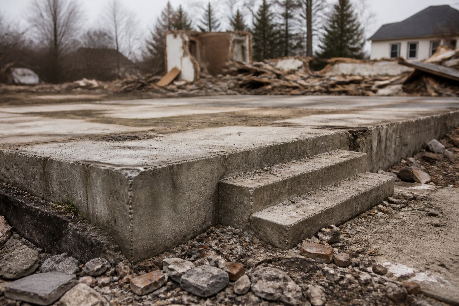 A demolished site where only the concrete slab and a few steps remain