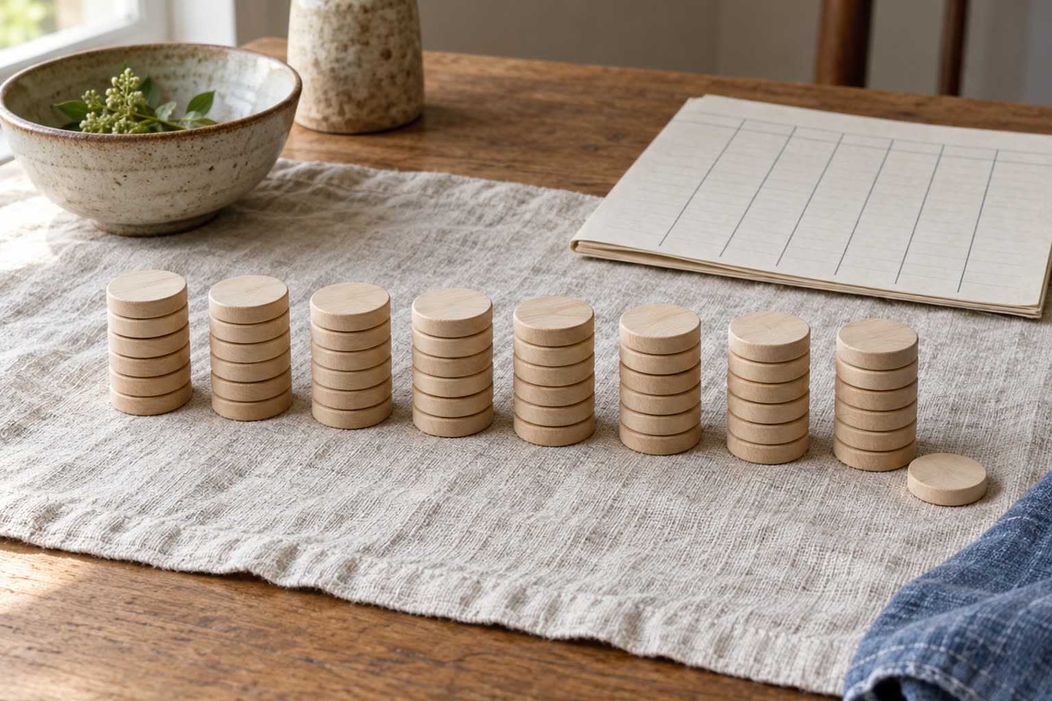 Rows of small wooden counters stacked on a linen cloth beside a ruled tally sheet, with one counter set apart
