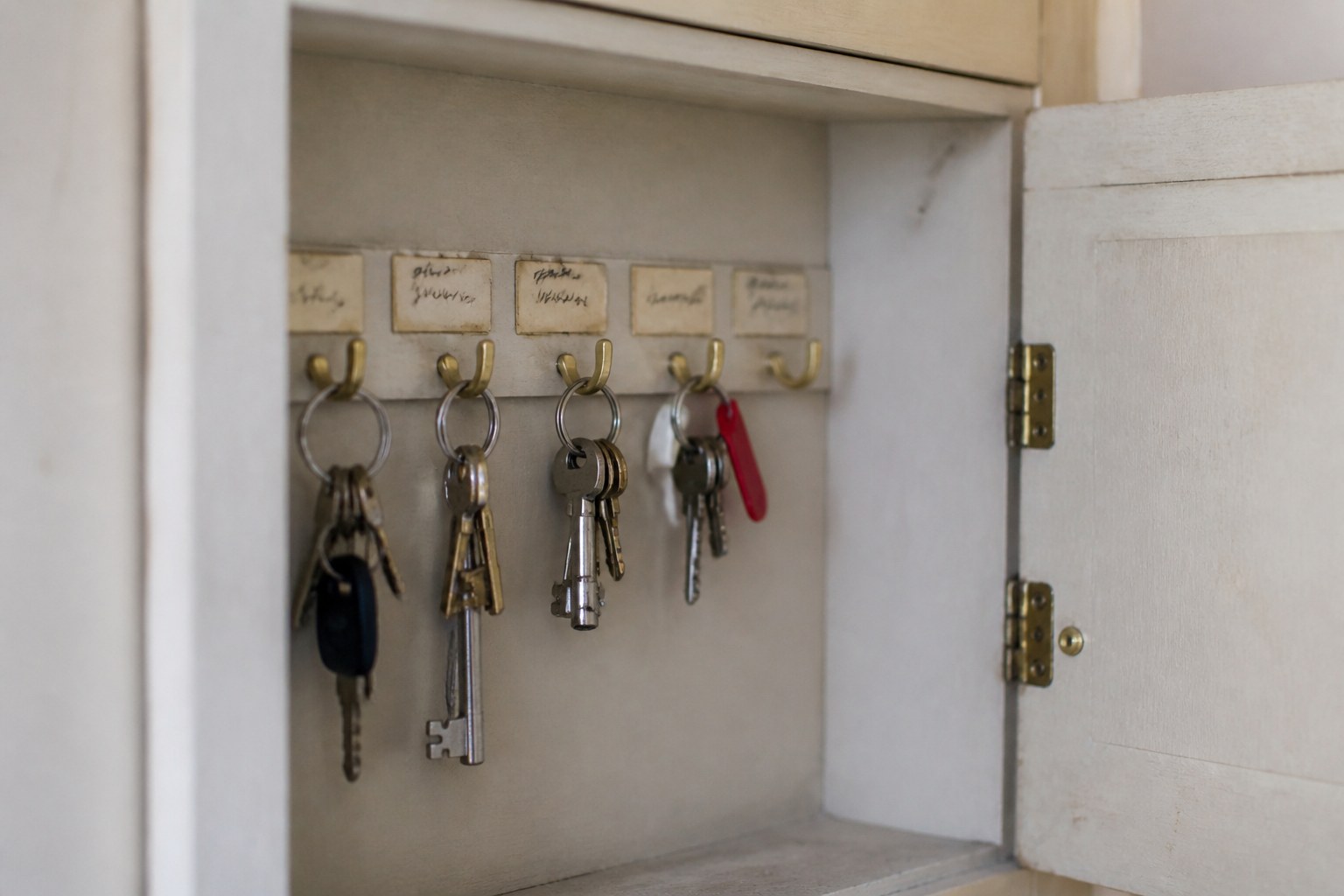 A row of keys hanging on labelled hooks inside an open cupboard