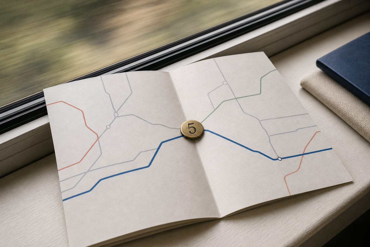 Folded blank transit map with a brass marker numbered 5 on the crease