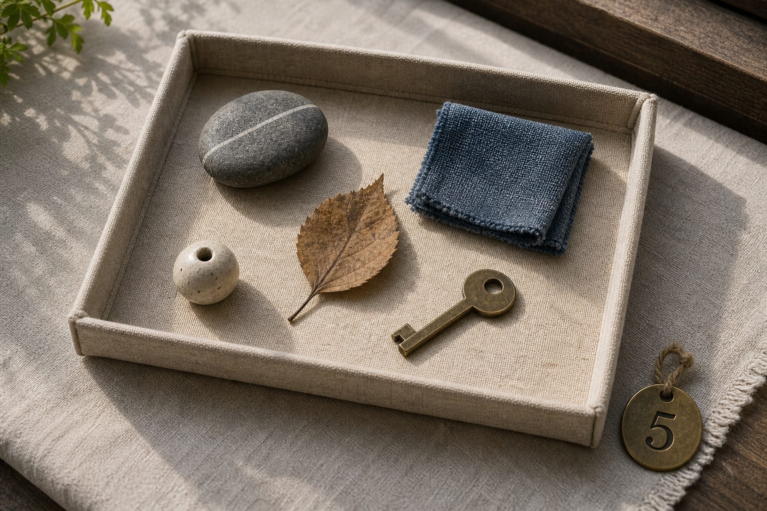 Five tactile objects on a linen field tray with a tag marked 5