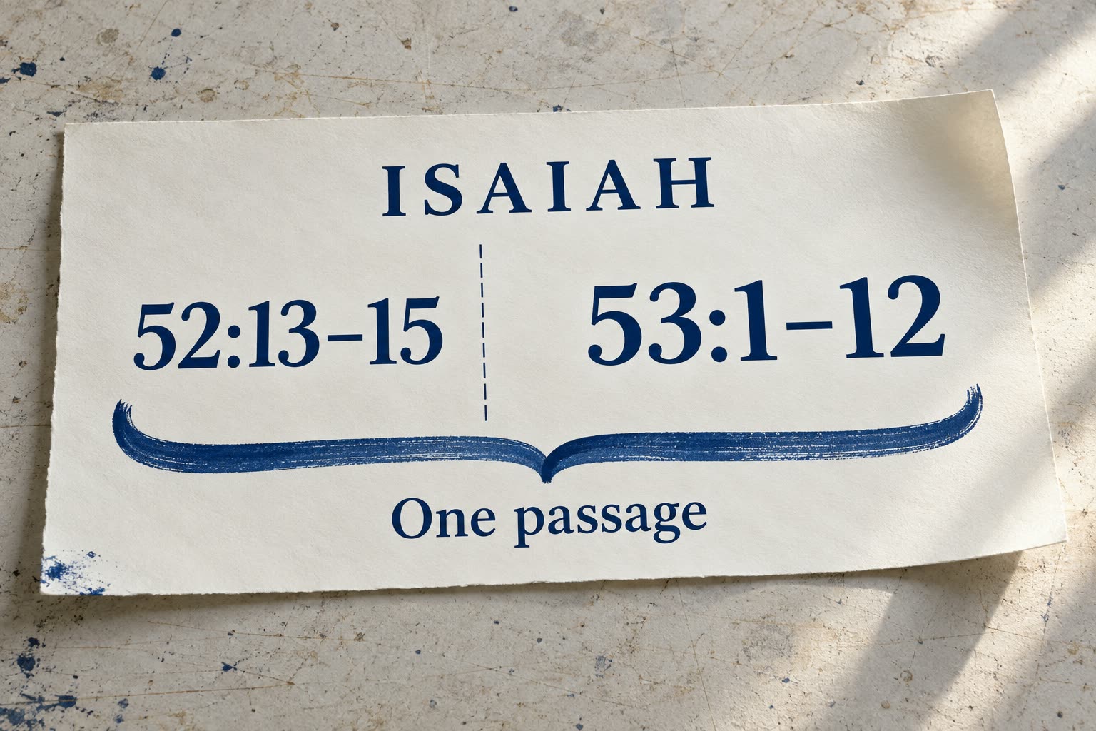 Modern printed Isaiah teaching strip joins 52:13-15 and 53:1-12 across a dashed chapter boundary.