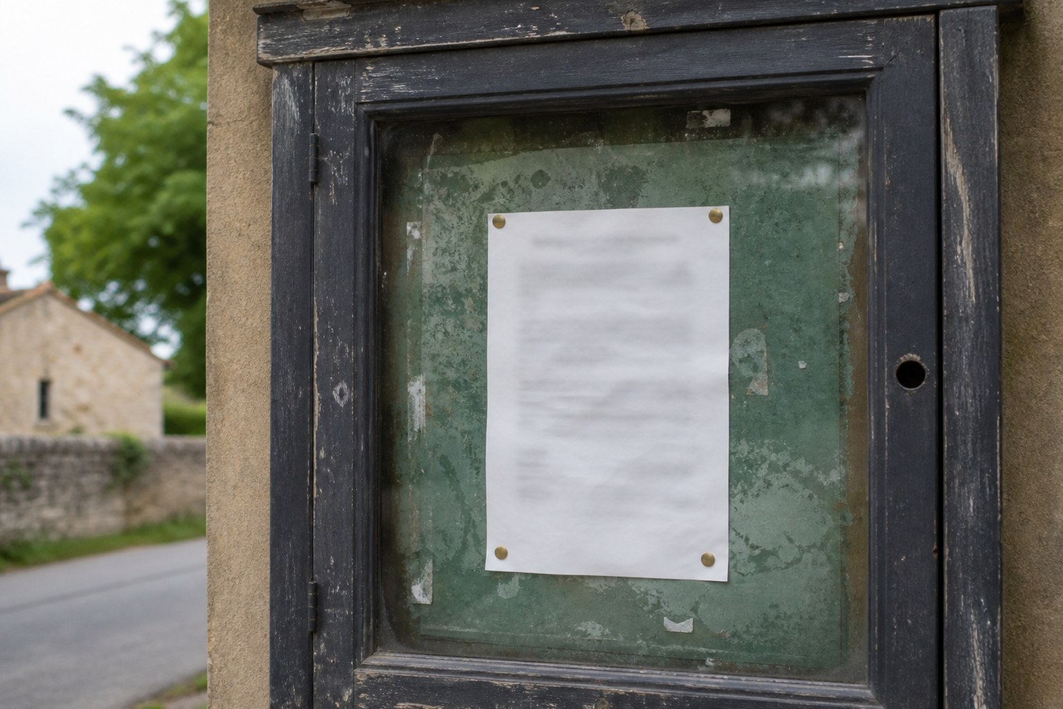 A printed notice pinned behind glass on a village board