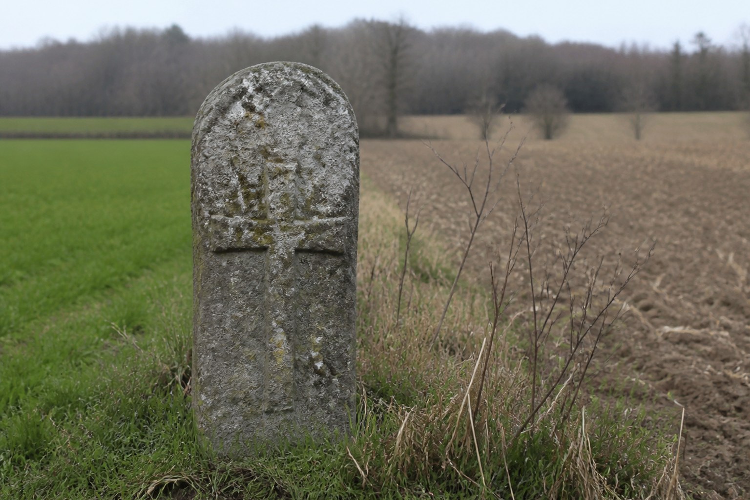An old boundary stone standing in rough grass at the corner of two fields