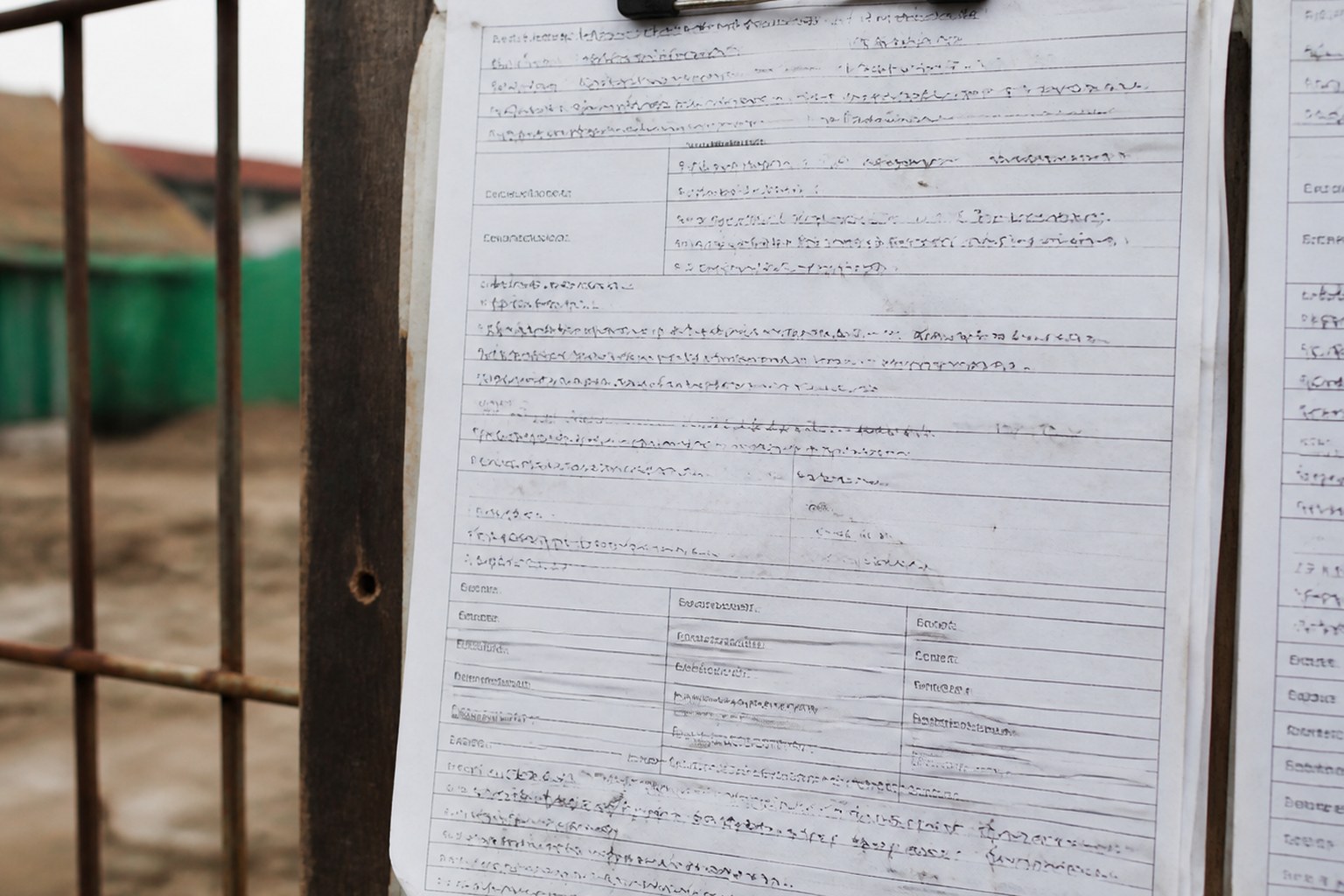 A printed form clipped to a site board with fields filled in by hand
