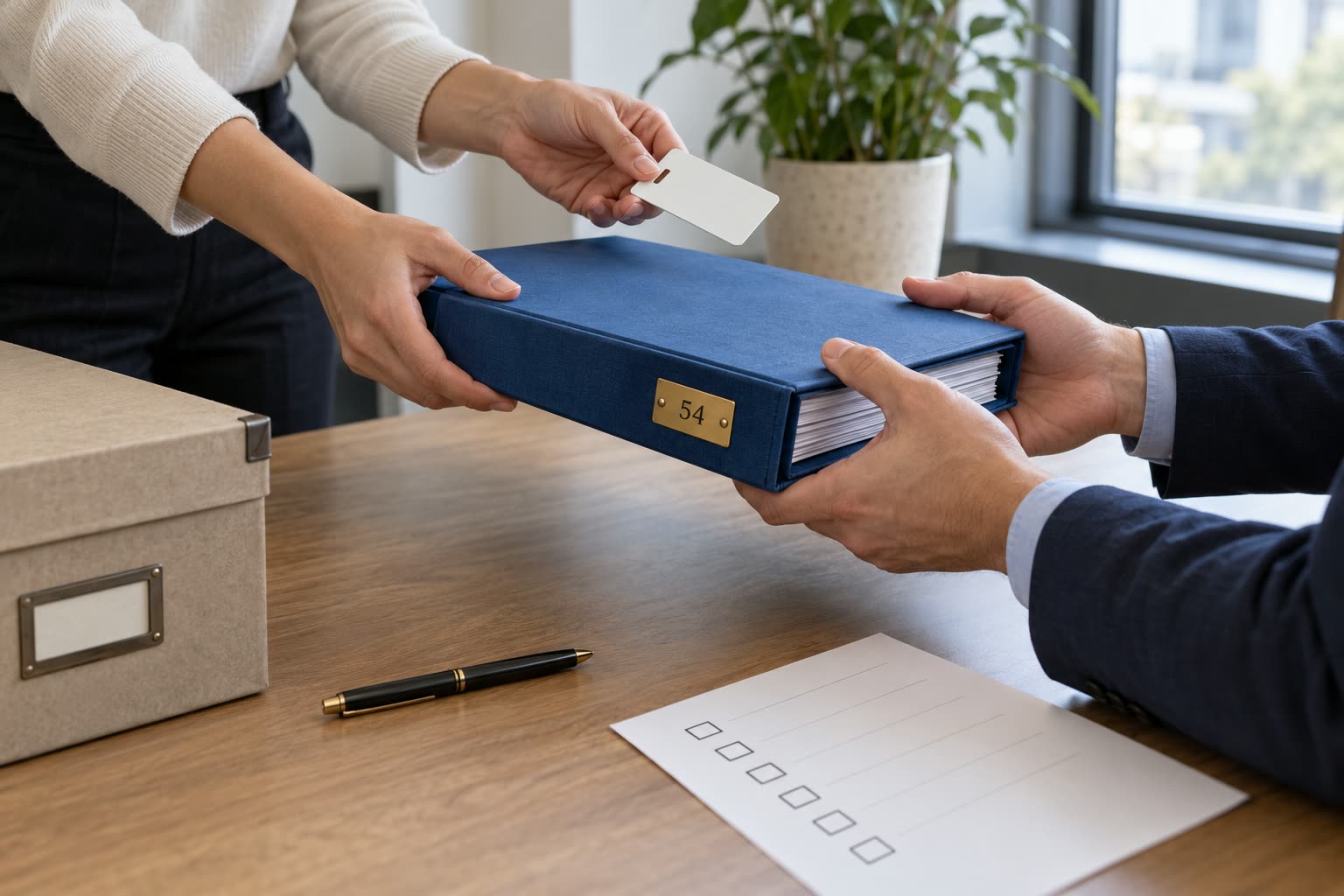 Two people passing a plain project binder and keycard across an office table