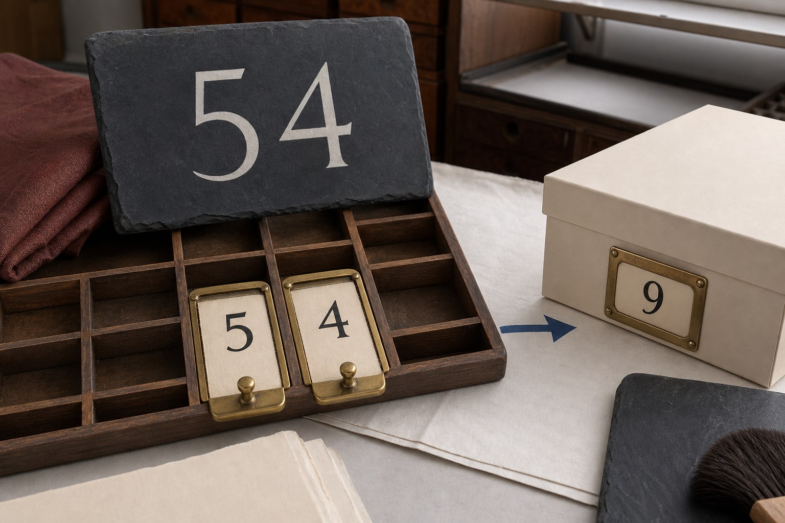 Slate tiles marked 54, 5, 4, and 9 arranged on a wooden sorting tray