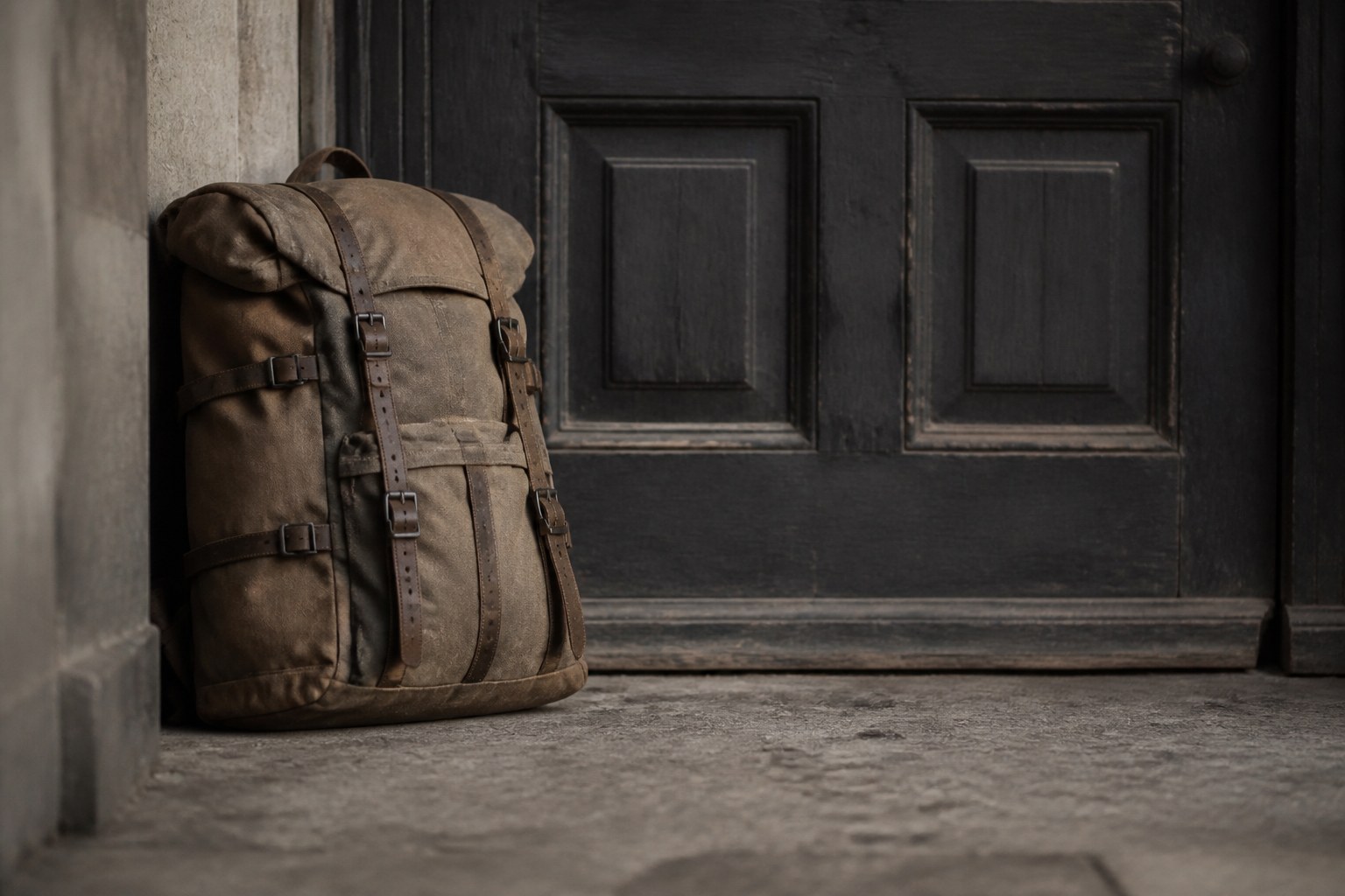 A packed canvas rucksack standing by a closed door with all its straps done up
