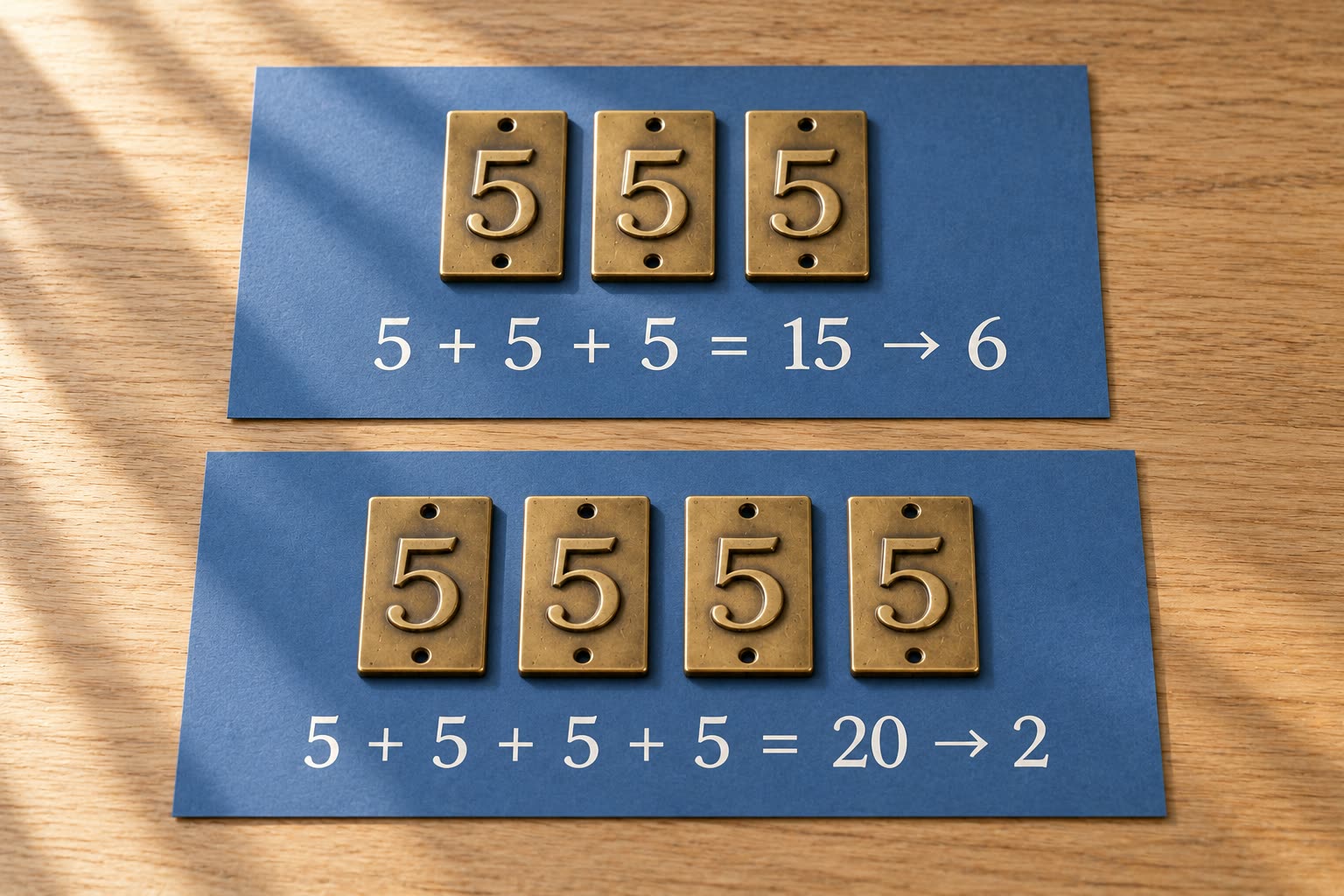 Two blue cards compare 555 reducing through 15 to 6 and 5555 reducing through 20 to 2 with brass number tiles