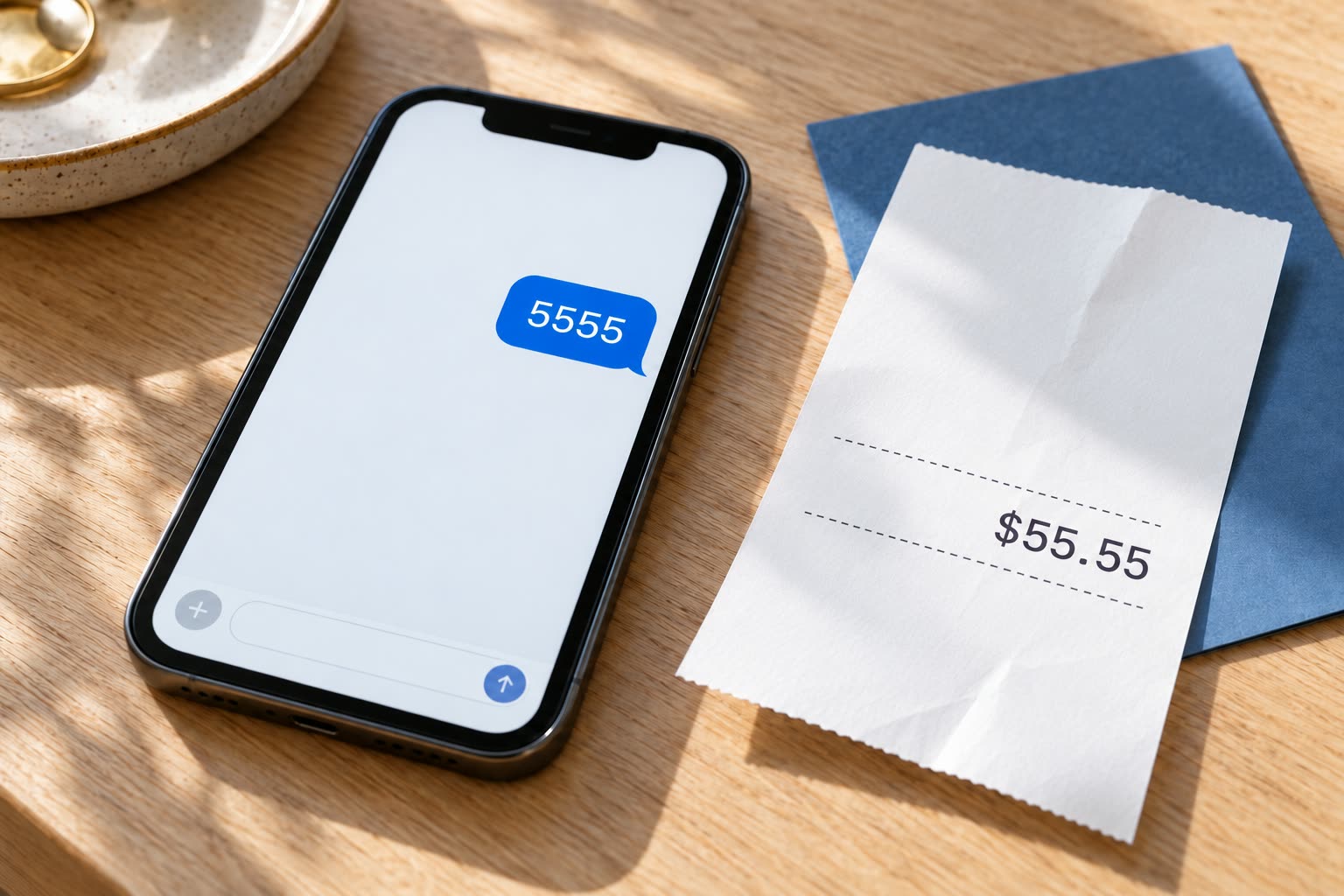 A phone showing 5555 in a message bubble beside a receipt with a total of $55.55