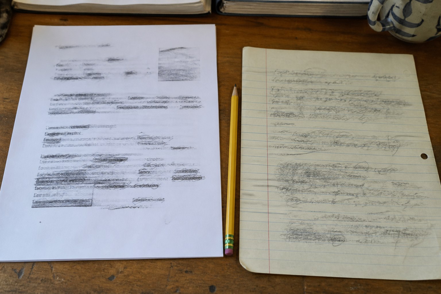 A printed page and a handwritten note laid side by side with a pencil between them