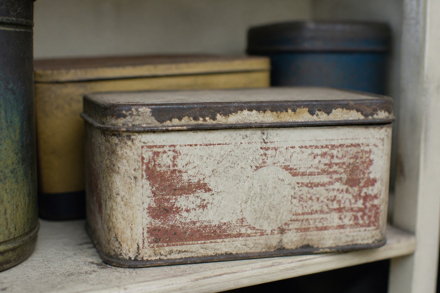 A dented enamel advertising tin with its printed label worn past reading