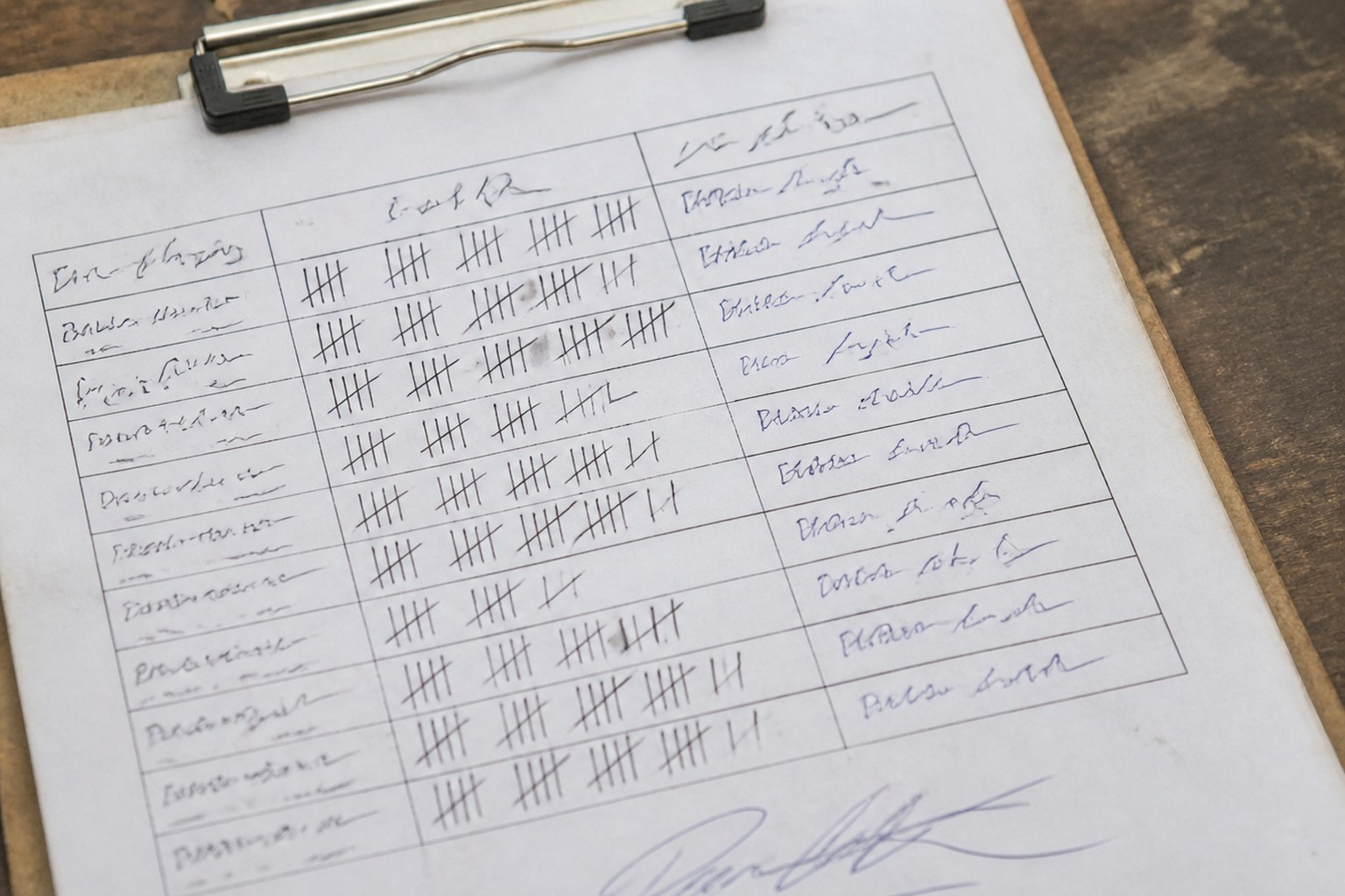 A ruled tally sheet on a clipboard with a signature at the foot