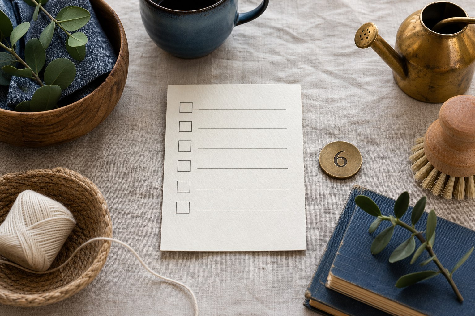 Blank six-line care checklist with household objects and a brass marker numbered 6