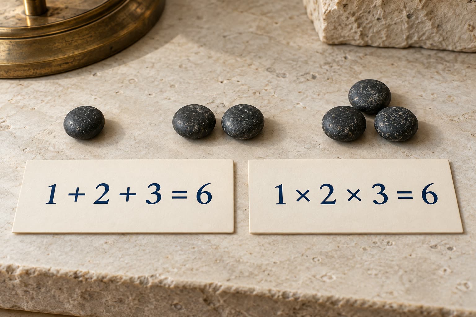 Six stone counters grouped as one, two and three beside the equations that define 6 as perfect