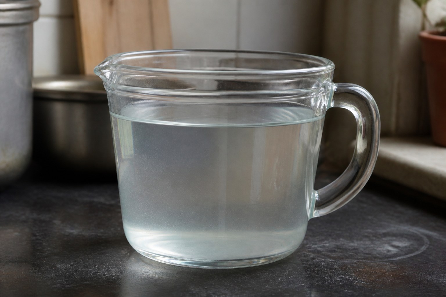 A glass measuring jug filled to a marked line well below the rim