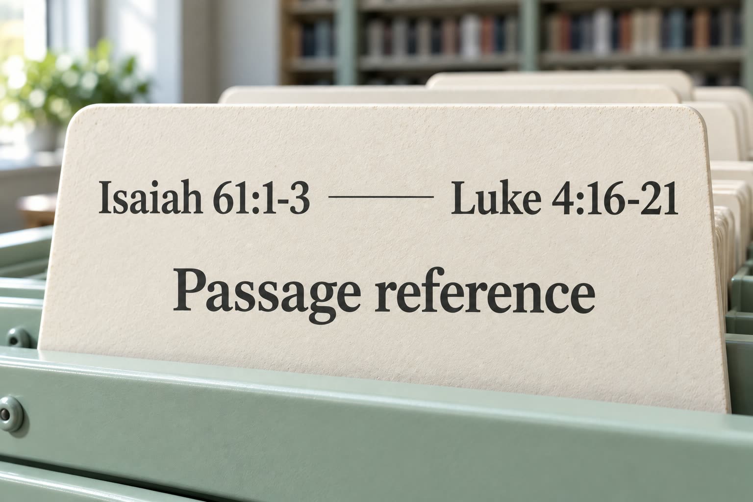 A modern library divider connects the references Isaiah 61:1-3 and Luke 4:16-21.