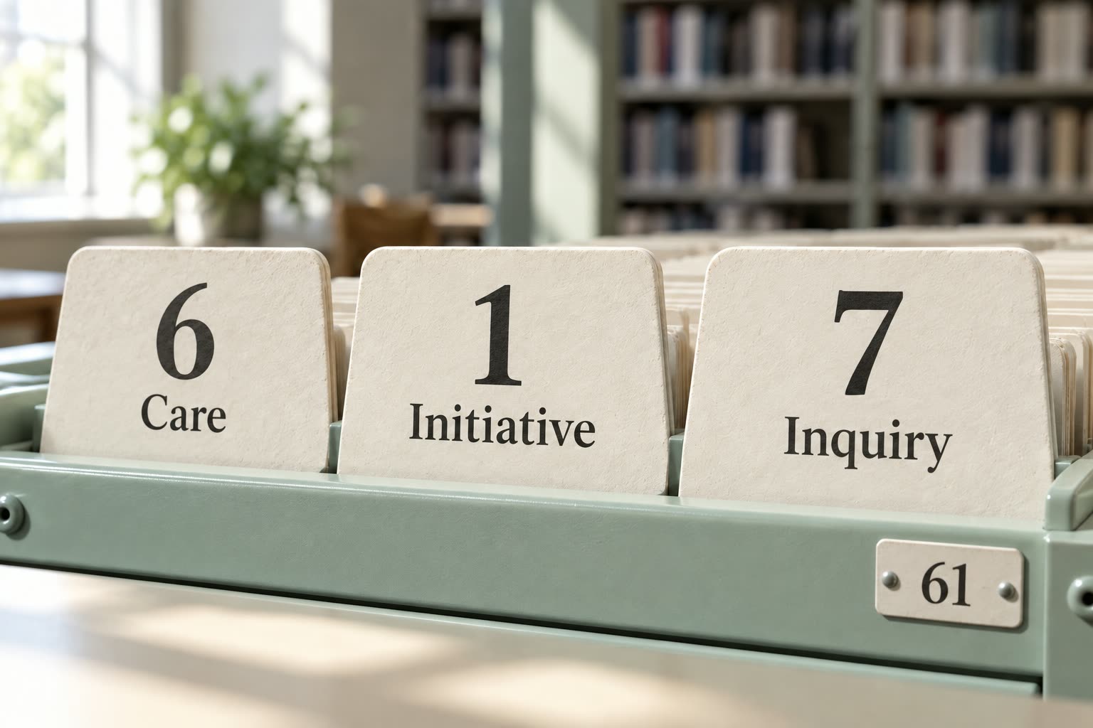 Three ivory catalog dividers label 6 as Care, 1 as Initiative and 7 as Inquiry.
