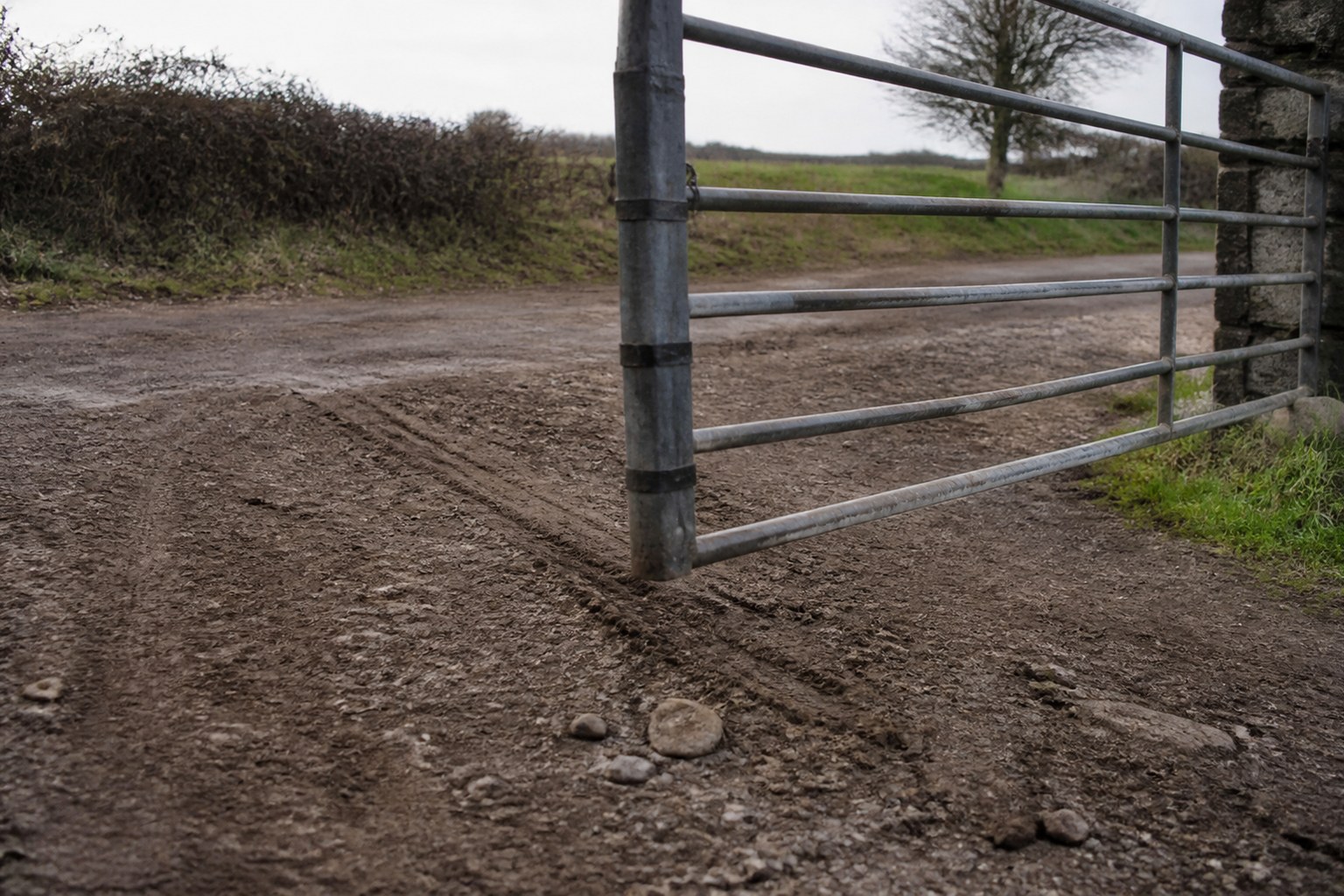 A repaired gate swung open across a track, the ground scored where it drags