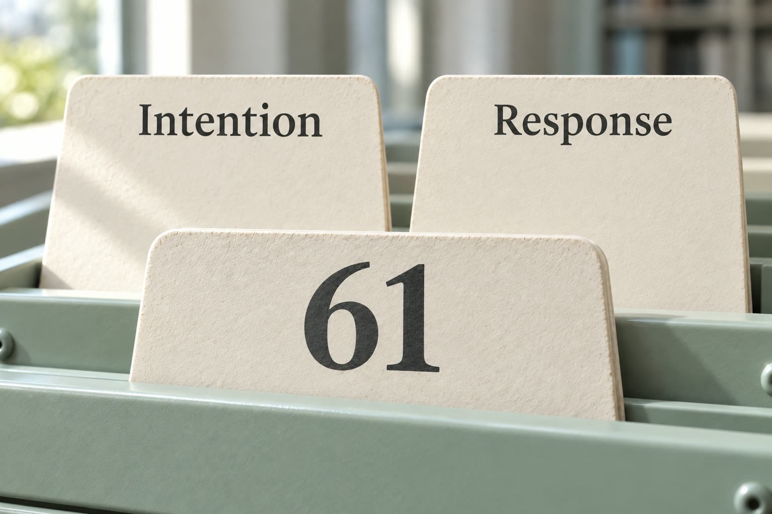 Separate ivory cards labeled Intention and Response stand behind a catalog tab marked 61.