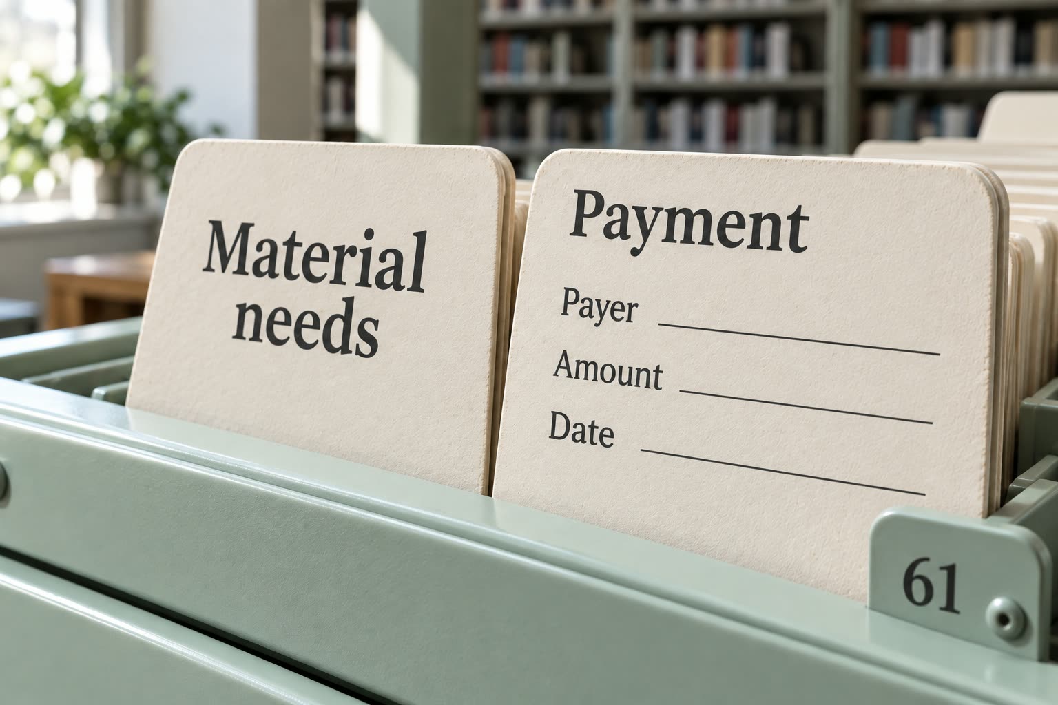 One catalog card reads Material needs beside blank Payment fields for Payer, Amount and Date.